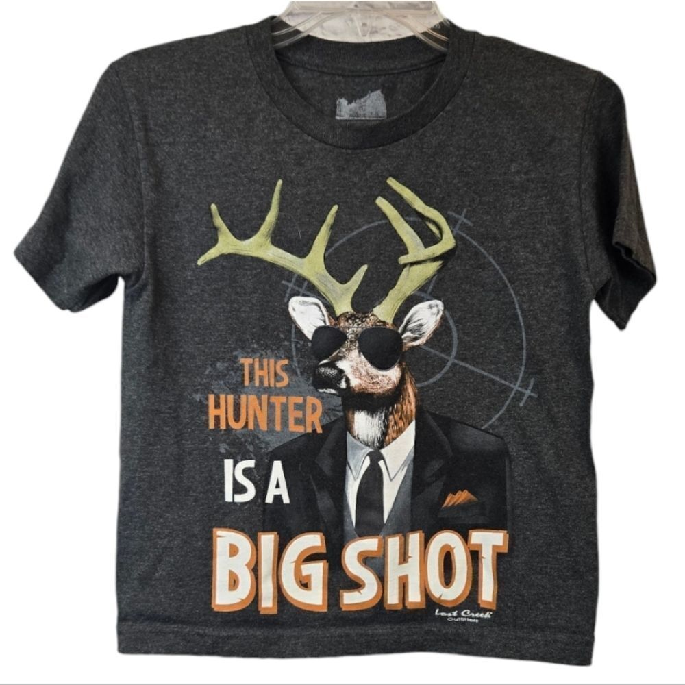This Hunter is a Big Shot Boys T-Shirt Casual Hunting Deer Horns Gray Kids Tee